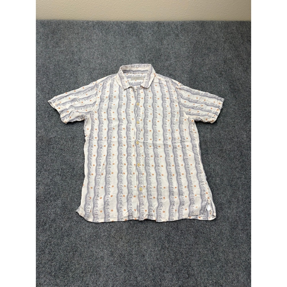 AllSaints Mutineer SS Shirt Mens Small Cream Grey Floral Stripe Viscose MS013M